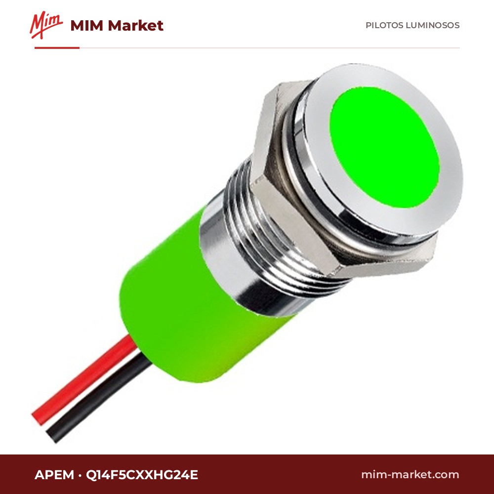 Piloto LED APEM Q14F5CXXHG24E – serie Q14, verde, 24 V, Ø14 mm, bisel latón cromo brillante, cables de 200 mm, IP67