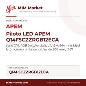 Piloto LED APEM Q14F5CZZRGB12ECA – serie Q14, RGB (rojo/verde/azul), 12 V, Ø14 mm, bisel latón cromo brillante, cables de 200 mm, IP67