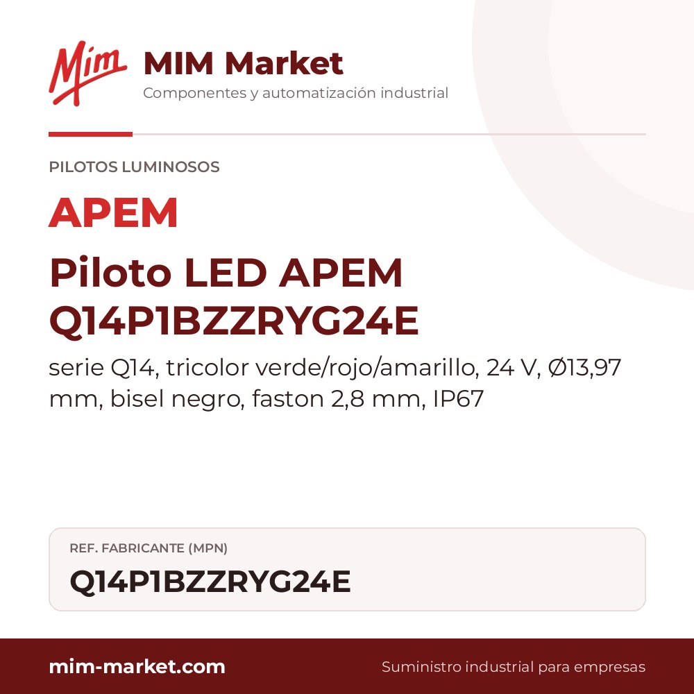 Piloto LED APEM Q14P1BZZRYG24E – serie Q14, tricolor verde/rojo/amarillo, 24 V, Ø13,97 mm, bisel negro, faston 2,8 mm, IP67