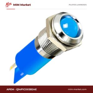Piloto LED APEM Q14P1CXXSB24E – serie Q14, azul, 24 V, Ø14 mm, bisel latón cromo brillante, terminales para soldar, IP67