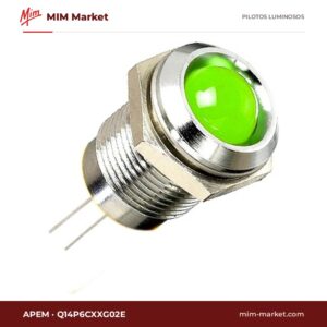Piloto LED APEM Q14P6CXXG02E – serie Q14, verde, 1.8…3.3 V DC, Ø14 mm, bisel latón cromo brillante, pines para circuito impreso, IP67