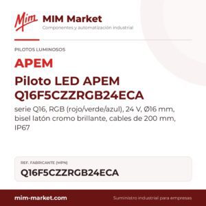 Piloto LED APEM Q16F5CZZRGB24ECA – serie Q16, RGB (rojo/verde/azul), 24 V, Ø16 mm, bisel latón cromo brillante, cables de 200 mm, IP67
