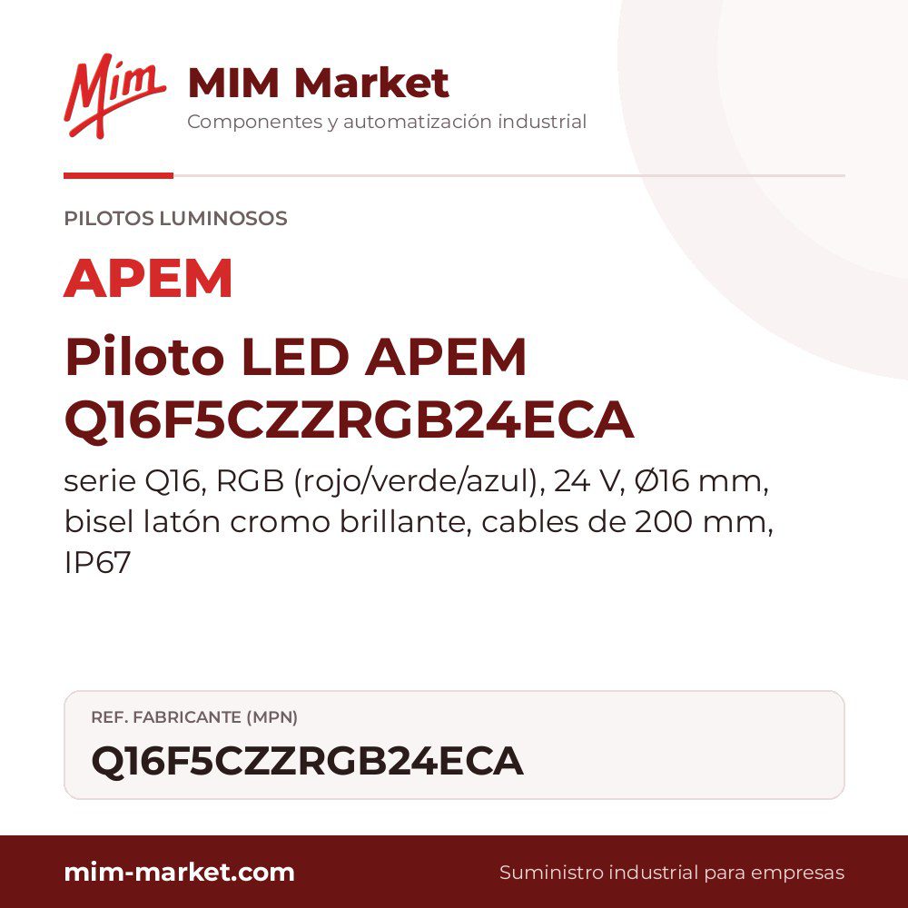 Piloto LED APEM Q16F5CZZRGB24ECA – serie Q16, RGB (rojo/verde/azul), 24 V, Ø16 mm, bisel latón cromo brillante, cables de 200 mm, IP67