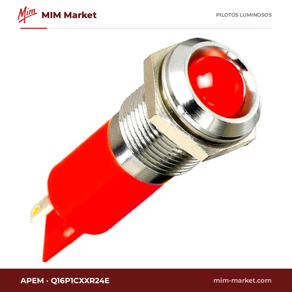 Piloto LED APEM Q16P1CXXR24E – serie Q16, rojo, 24 V, Ø16 mm, bisel latón cromo brillante, faston 2,8 mm, IP67