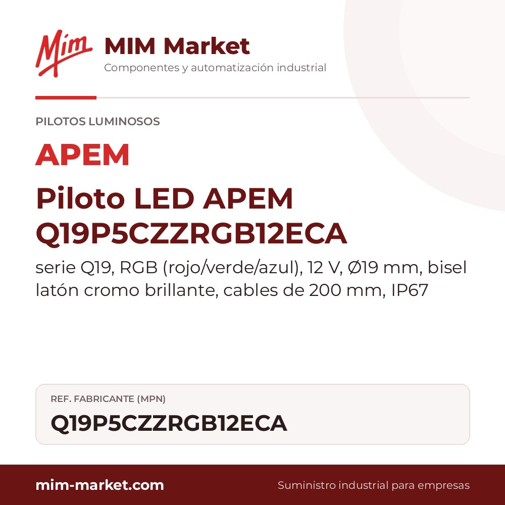 Piloto LED APEM Q19P5CZZRGB12ECA – serie Q19, RGB (rojo/verde/azul), 12 V, Ø19 mm, bisel latón cromo brillante, cables de 200 mm, IP67