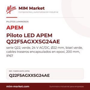 Piloto LED APEM Q22F5AGXXSG24AE – serie Q22, verde, 24 V AC/DC, Ø22 mm, bisel verde, cables traseros encapsulados en epoxi, 200 mm, IP67