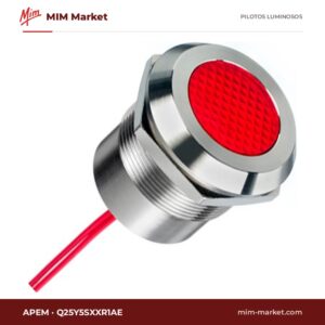 Piloto LED APEM Q25Y5SXXR1AE – serie Q25, rojo, 12…24 V AC/DC, Ø25,1 mm, bisel acero inoxidable, cables traseros encapsulados en epoxi, 210 mm, IP67, IP69K