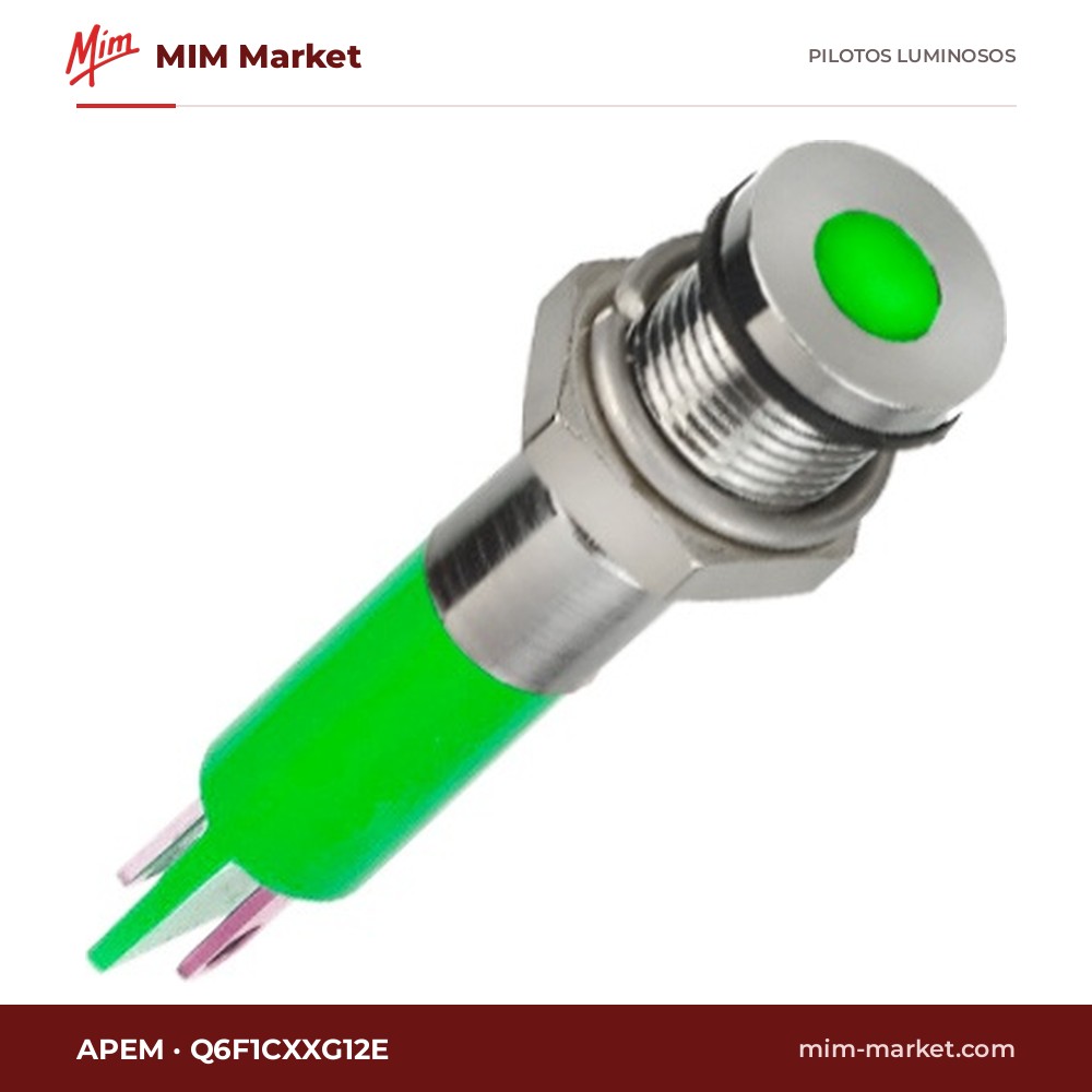 Piloto LED APEM Q6F1CXXG12E – serie Q6, verde, 12 V, Ø6,1 mm, bisel latón cromo brillante, terminales para soldar, IP67