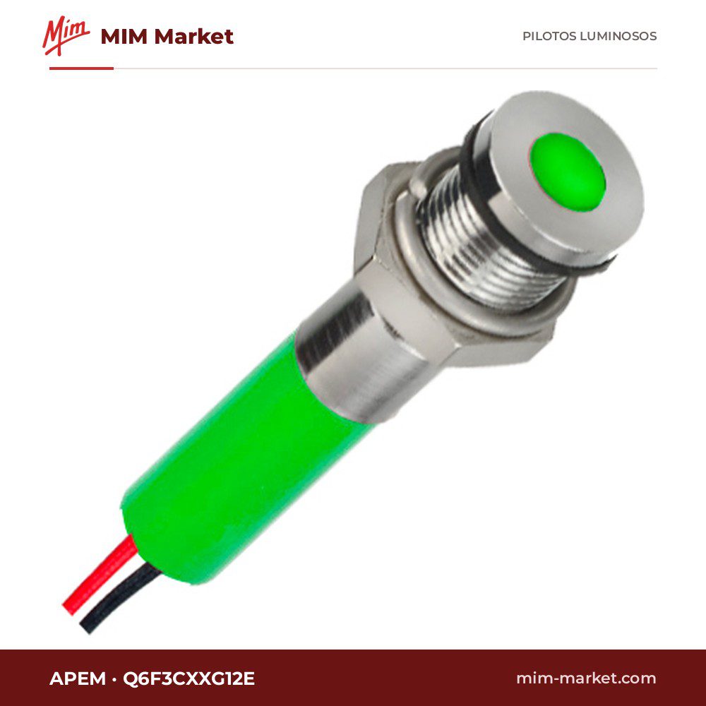 Piloto LED APEM Q6F3CXXG12E – serie Q6, verde, 12 V, Ø6,1 mm, enrasado, bisel cromo brillante, cables de 200 mm, IP67
