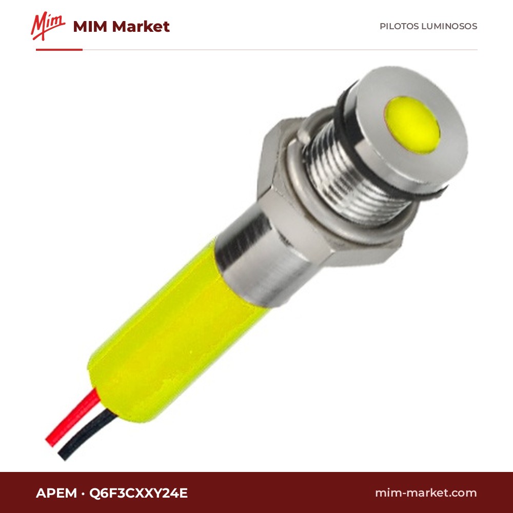 Piloto LED APEM Q6F3CXXY24E – serie Q6, amarillo, 24 V, Ø6,1 mm, bisel latón cromo brillante, cables de 200 mm, IP67