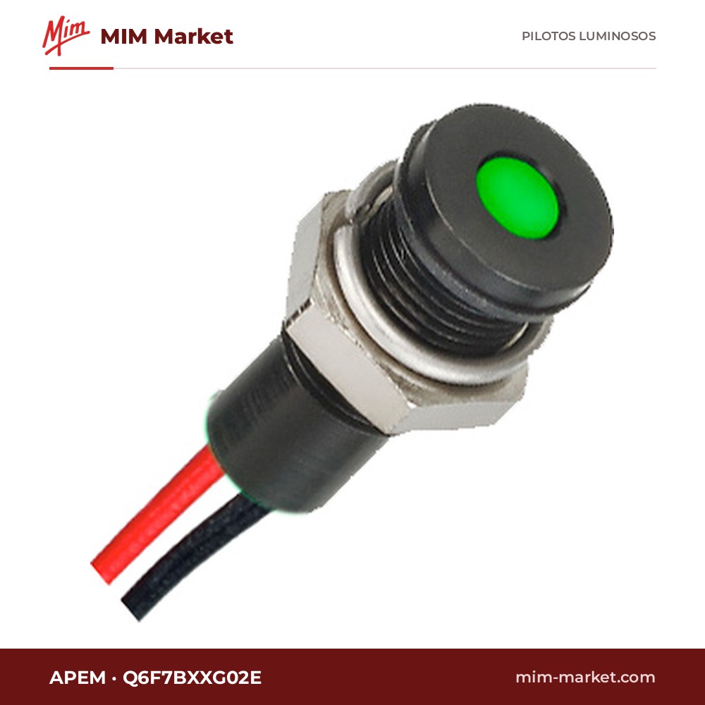 Piloto LED APEM Q6F7BXXG02E – serie Q6, verde, Vf típ. 2,1 V, Ø6,1 mm, enrasado, bisel negro, cables de 200 mm, IP67