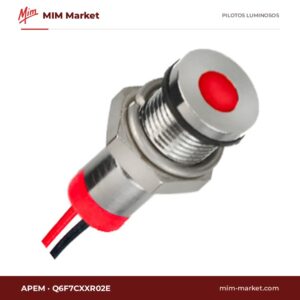 Piloto LED APEM Q6F7CXXR02E – serie Q6, rojo, Vf típ. 2 V, Ø6,1 mm, enrasado, bisel cromo brillante, cables de 200 mm, IP67