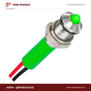 Piloto LED APEM Q6P3BXXG24E – serie Q6, verde, 24 V, Ø6,1 mm, bisel negro, cables de 200 mm, IP67