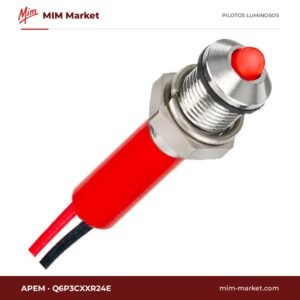 Piloto LED APEM Q6P3CXXR24E – serie Q6, rojo, 24 V, Ø6,1 mm, bisel latón cromo brillante, cables de 200 mm, IP67