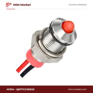 Piloto LED APEM Q6P7CXXR02E – serie Q6, rojo, Vf típ. 2 V, Ø6,1 mm, bisel latón cromo brillante, cables de 200 mm, IP67