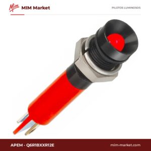 Piloto LED APEM Q6R1BXXR12E – serie Q6, rojo, 12 V, Ø6,1 mm, bisel negro, terminales para soldar, IP67