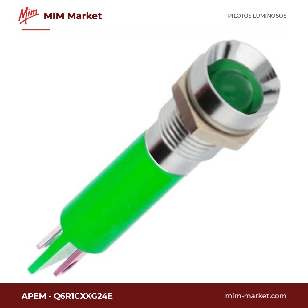 Piloto LED APEM Q6R1CXXG24E – serie Q6, verde, 24 V, Ø6,1 mm, bisel latón cromo brillante, terminales para soldar, IP67