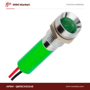 Piloto LED APEM Q6R3CXXG24E – serie Q6, verde, 24 V, Ø6,1 mm, bisel latón cromo brillante, cables de 200 mm, IP67