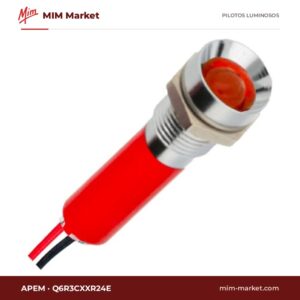 Piloto LED APEM Q6R3CXXR24E – serie Q6, rojo, 24 V, Ø6,1 mm, bisel latón cromo brillante, cables de 200 mm, IP67