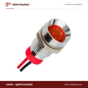 Piloto LED APEM Q6R7CXXR02E – serie Q6, rojo, Vf típ. 2 V, Ø6,1 mm, bisel latón cromo brillante, cables de 200 mm, IP67