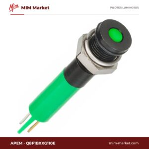 Piloto LED APEM Q8F1BXXG110E – serie Q8, verde, 110 V, Ø7,87 mm, bisel negro, terminales para soldar, IP67