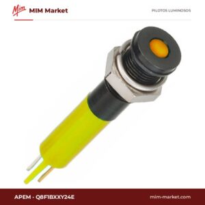 Piloto LED APEM Q8F1BXXY24E – serie Q8, amarillo, 24 V, Ø7,87 mm, bisel negro, terminales para soldar, IP67