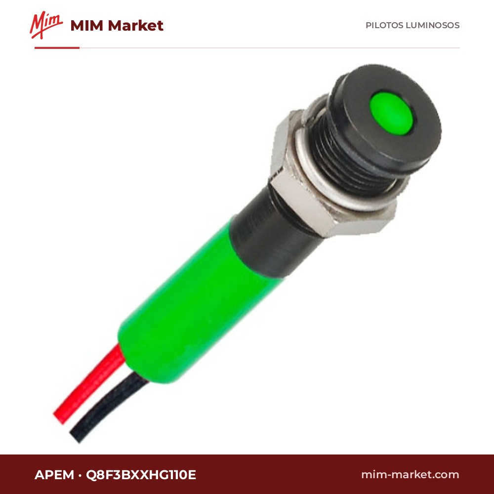 Piloto LED APEM Q8F3BXXHG110E – serie Q8, verde, 110 V, Ø7,87 mm, bisel negro, IP67