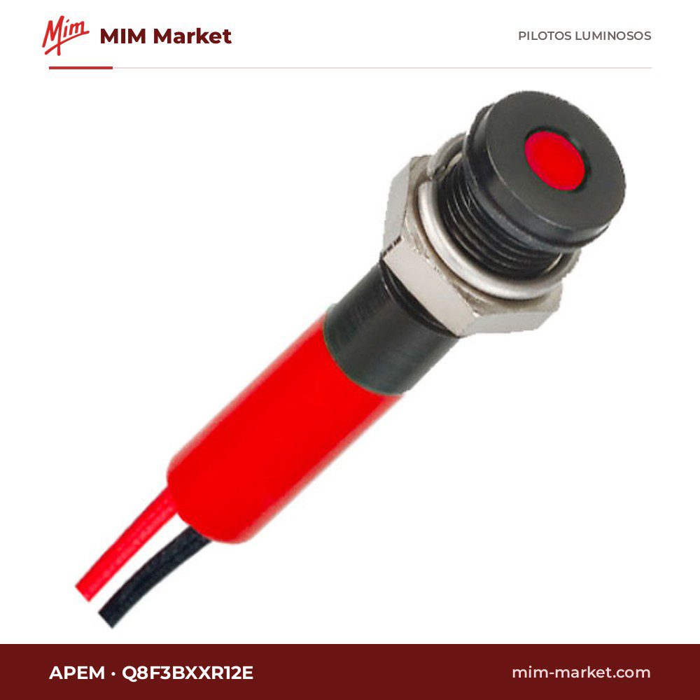 Piloto LED APEM Q8F3BXXR12E – serie Q8, rojo, 12 V, Ø7,87 mm, enrasado, bisel negro, cables de 200 mm, IP67
