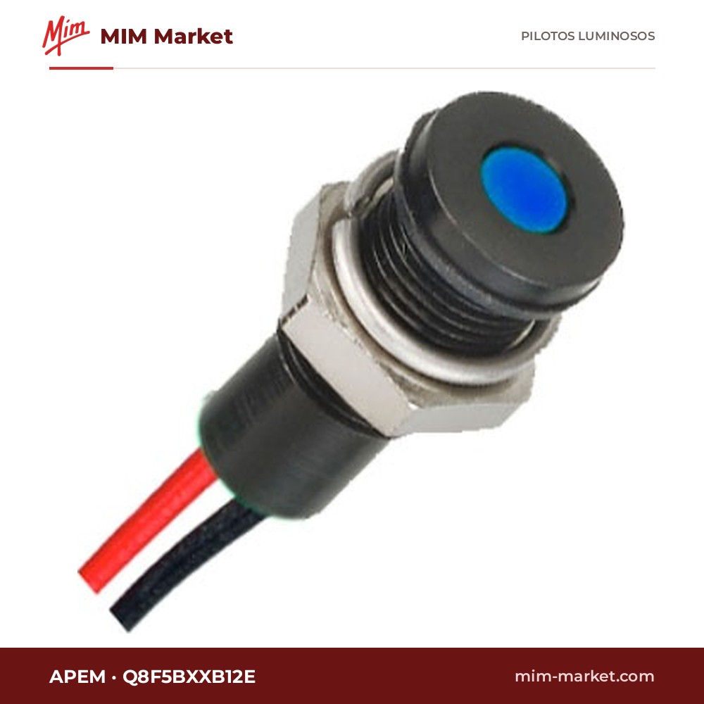 Piloto LED APEM Q8F5BXXB12E – serie Q8, azul, 12 V, Ø8 mm, bisel negro, cables de 200 mm, IP67