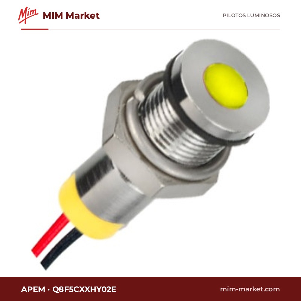Piloto LED APEM Q8F5CXXHY02E – serie Q8, amarillo, Vf típ. 2 V, Ø8 mm, bisel latón cromo brillante, cables de 200 mm, IP67