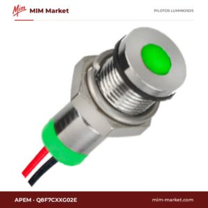 Piloto LED APEM Q8F7CXXG02E – serie Q8, verde, Vf típ. 2 V, Ø7,87 mm, enrasado, bisel cromo brillante, cables de 200 mm, IP67