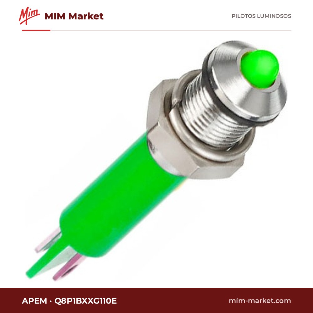Piloto LED APEM Q8P1BXXG110E – serie Q8, verde, 110 V, Ø7,87 mm, bisel negro, terminales para soldar, IP67