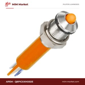 Piloto LED APEM Q8P1CXXHO02E – serie Q8, anaranjado, Vf típ. 2 V, Ø8,13 mm, bisel latón cromo brillante, faston 2,8 mm, IP67