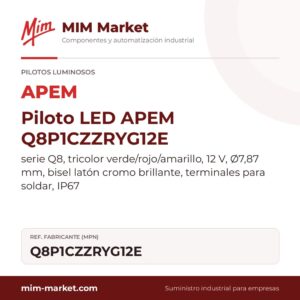 Piloto LED APEM Q8P1CZZRYG12E – serie Q8, tricolor verde/rojo/amarillo, 12 V, Ø7,87 mm, bisel latón cromo brillante, terminales para soldar, IP67