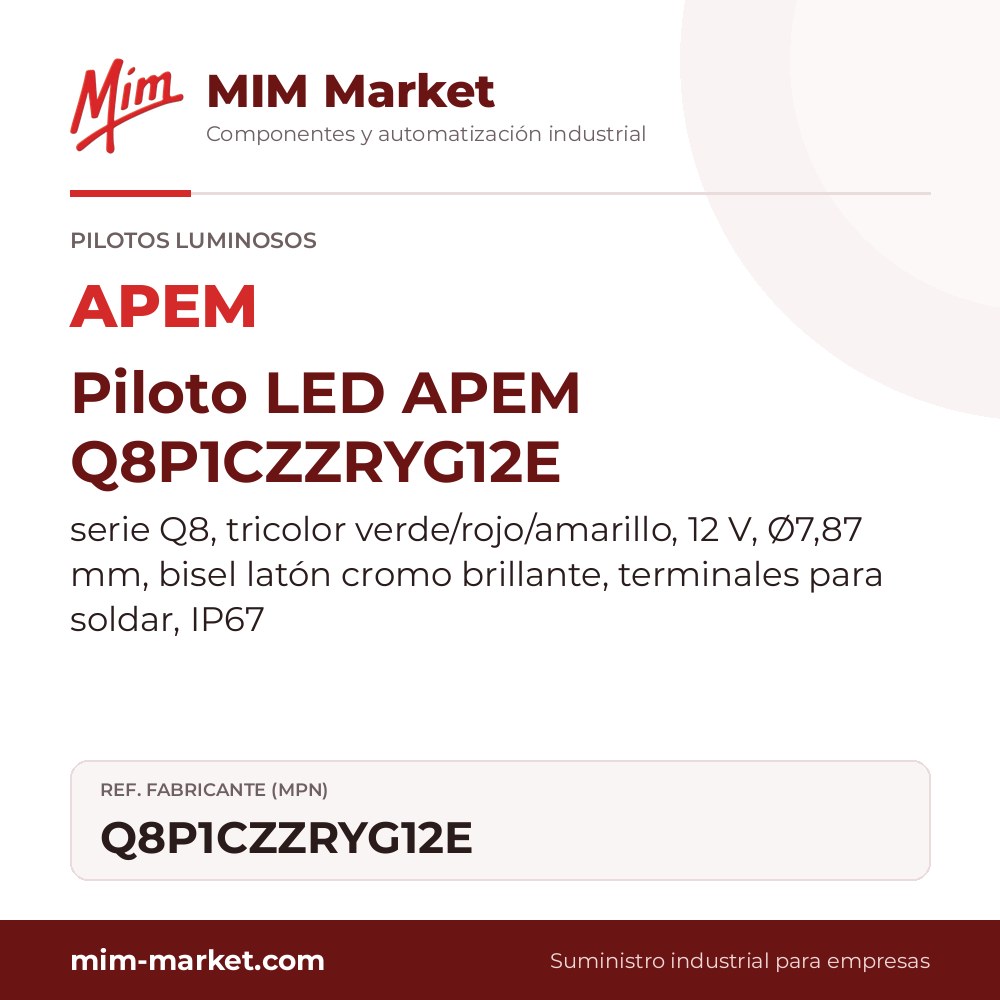 Piloto LED APEM Q8P1CZZRYG12E – serie Q8, tricolor verde/rojo/amarillo, 12 V, Ø7,87 mm, bisel latón cromo brillante, terminales para soldar, IP67