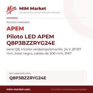 Piloto LED APEM Q8P3BZZRYG24E – serie Q8, tricolor verde/rojo/amarillo, 24 V, Ø7,87 mm, bisel negro, cables de 200 mm, IP67