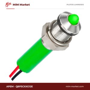 Piloto LED APEM Q8P3CXXG12E – serie Q8, verde, 12 V, Ø7,87 mm, prominente, bisel cromo brillante, cables de 200 mm, IP67
