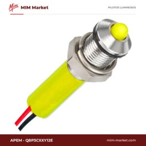 Piloto LED APEM Q8P3CXXY12E – serie Q8, amarillo, 12 V, Ø7,87 mm, bisel latón cromo brillante, cables de 200 mm, IP67