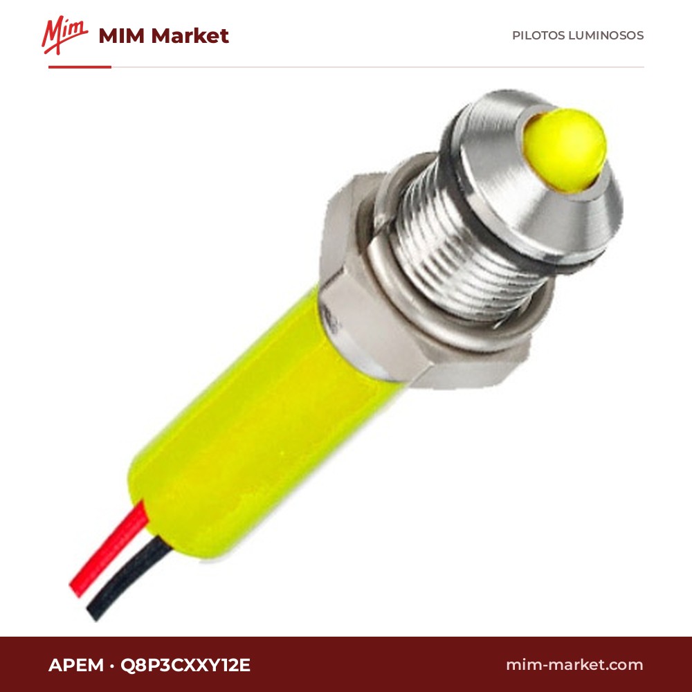 Piloto LED APEM Q8P3CXXY12E – serie Q8, amarillo, 12 V, Ø7,87 mm, bisel latón cromo brillante, cables de 200 mm, IP67