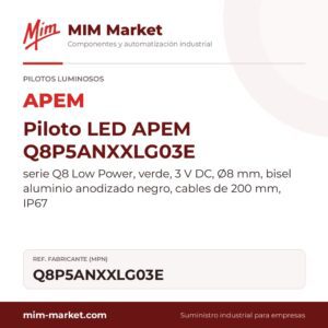 Piloto LED APEM Q8P5ANXXLG03E – serie Q8 Low Power, verde, 3 V DC, Ø8 mm, bisel aluminio anodizado negro, cables de 200 mm, IP67