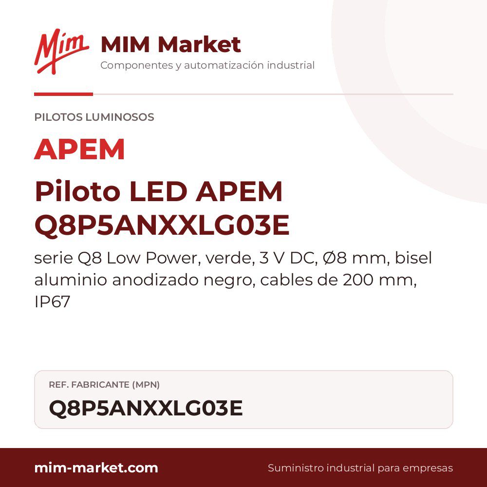 Piloto LED APEM Q8P5ANXXLG03E – serie Q8 Low Power, verde, 3 V DC, Ø8 mm, bisel aluminio anodizado negro, cables de 200 mm, IP67