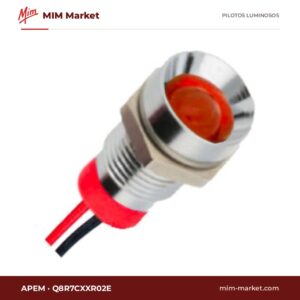 Piloto LED APEM Q8R7CXXR02E – serie Q8, rojo, Vf típ. 2 V, Ø7,87 mm, bisel latón cromo brillante, cables de 200 mm, IP67