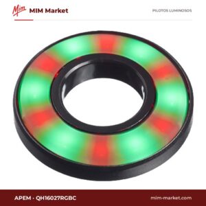 Piloto LED APEM QH16027RGBC – serie QH (anillo iluminado Ø16 mm), RGB (rojo/verde/azul), 12 o 24 V DC, Ø16 mm, bisel negro, cables de 200 mm, IP67