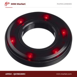 Piloto LED APEM QH19028RC – serie QH (anillo iluminado Ø19 mm), rojo, 12 o 24 V DC, Ø19 mm, bisel negro, cables de 200 mm, IP67