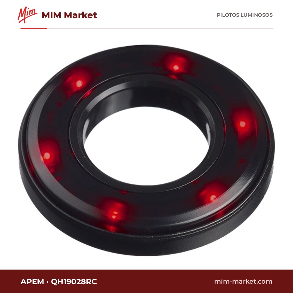Piloto LED APEM QH19028RC – serie QH (anillo iluminado Ø19 mm), rojo, 12 o 24 V DC, Ø19 mm, bisel negro, cables de 200 mm, IP67