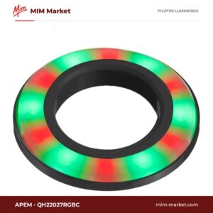 Piloto LED APEM QH22027RGBC – serie QH (anillo iluminado Ø22 mm), RGB (rojo/verde/azul), 12 o 24 V DC, Ø22 mm, bisel negro, cables de 200 mm, IP67