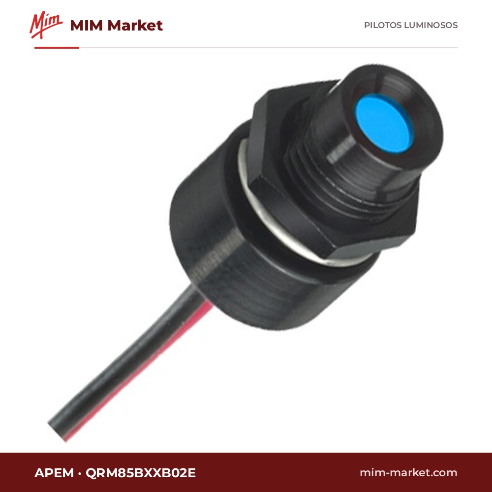 Piloto LED APEM QRM85BXXB02E – serie QRM8, azul, Vf 1,8…3,8 V, Ø8 mm, bisel negro, cables de 200 mm, IP67