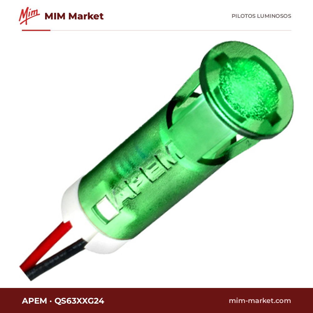 Piloto LED APEM QS63XXG24 – serie QS6, verde, 24 V, Ø6 mm, cables de 200 mm