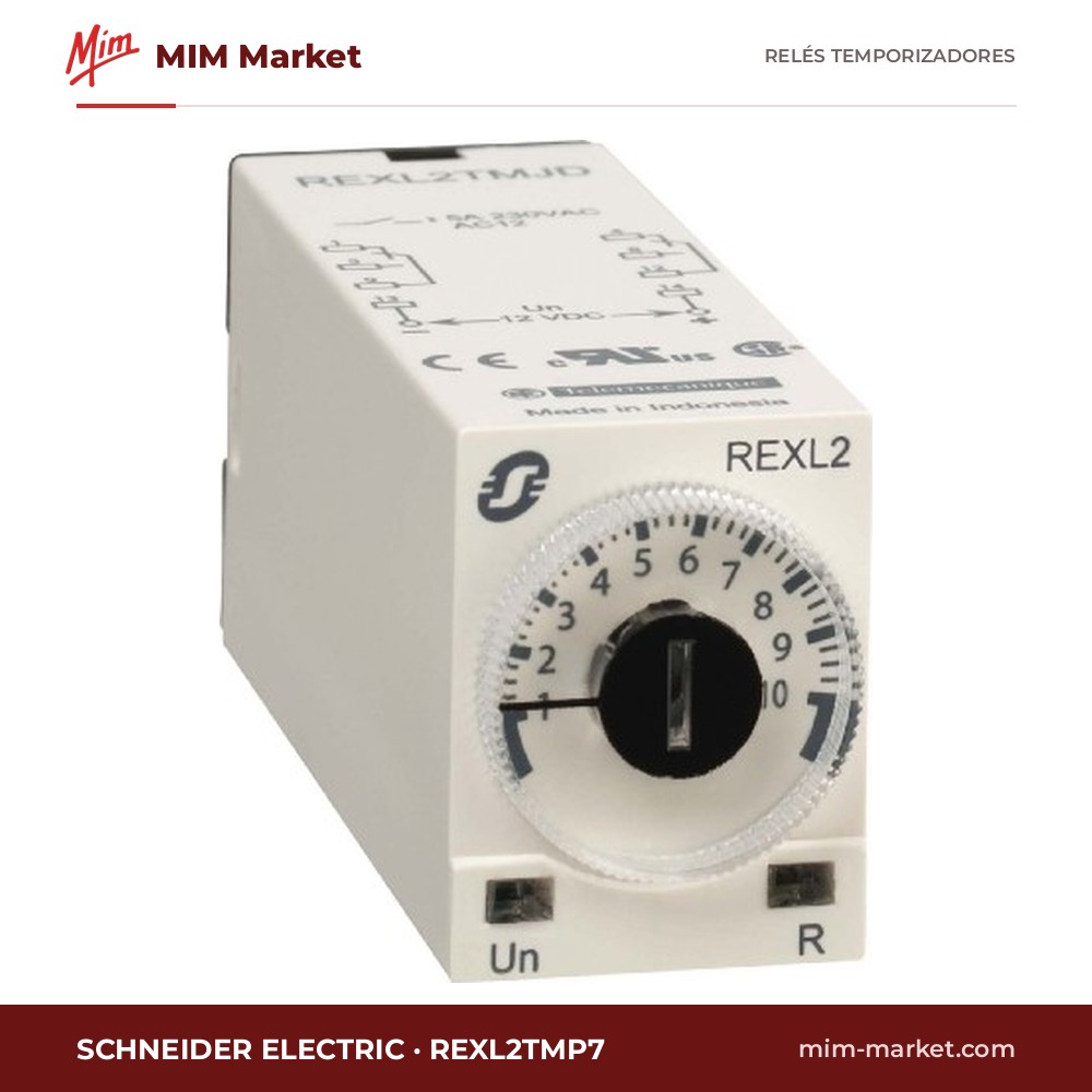 Relé temporizador Schneider Electric REXL2TMP7 – 230 V ac / 24 - 240 V dc, Retardo a la conexión