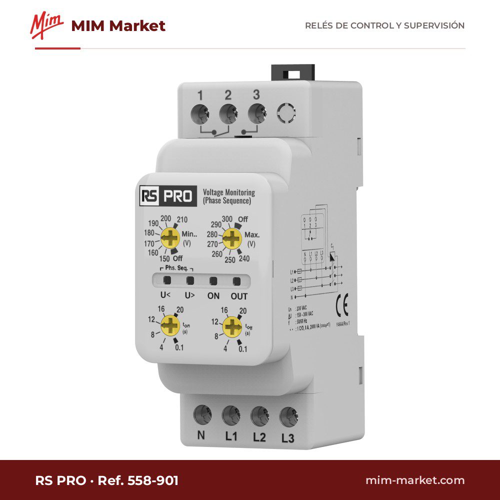 Relé de supervisión RS PRO 1 salida CO 8 A, monofásico, carril DIN (ref. 558-901)